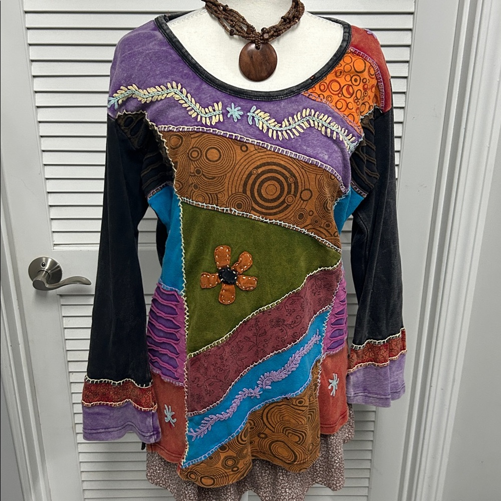 India Boutique Multicolor Boho Patchwork Tunic Top - image 2